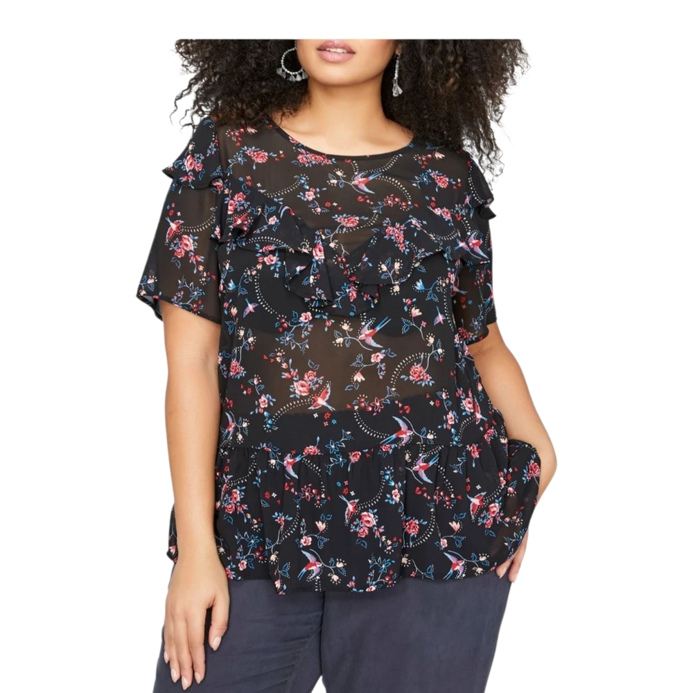 Love & Legend Black and Red Sheer Ruffled Short Sleeve Blouse Size 20